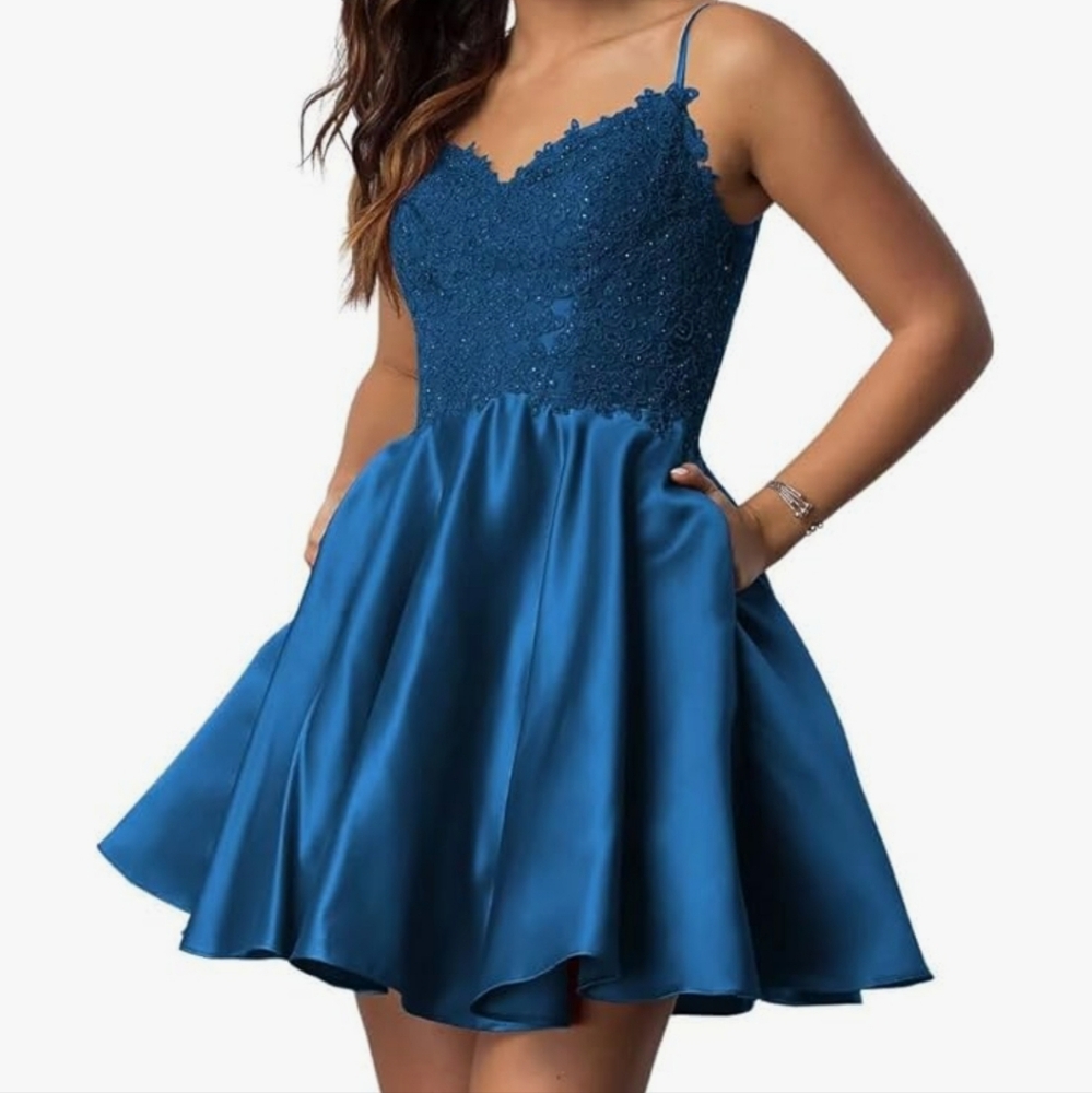 Elegant Blue Satin Beaded Dress Bought From Amazon Last Year‎ Size 12 - Picture 3 of 3
